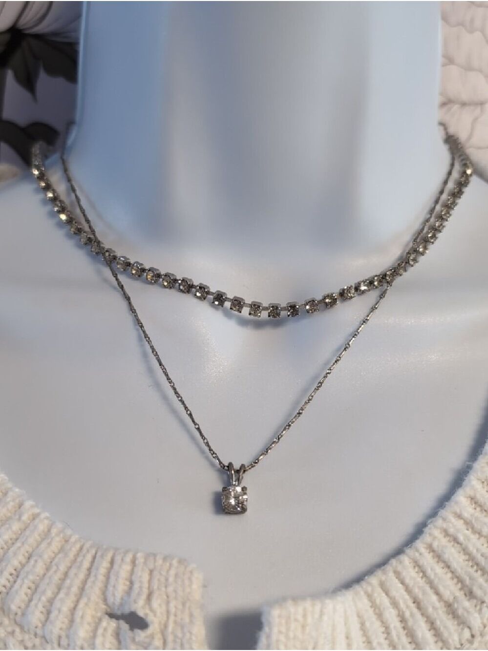 LC Solitaire Necklace & Rhinestone Choker  Layering Necklace Set